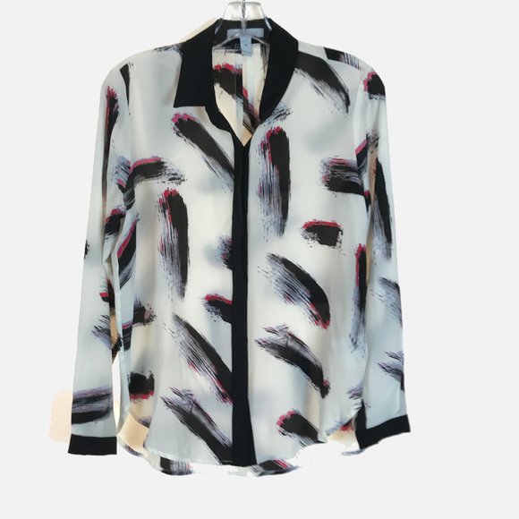 Size XS Dylan Gray Brushstroke Print Silk Blouse - Picture 2 of 4